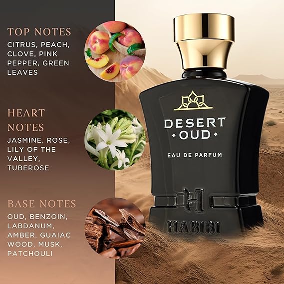 H HABIBI Desert Oud Perfume for Men – 2.5 oz (75ML) | Long Lasting Arabian Cologne | Bold Floral Woody Scent | Luxury Men’s Fragrance | Ideal Gift for Special Occasions